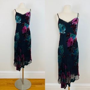 Vintage Y2K Burnout Velvet Chiffon Midi Bias Slip Dress Asymmetrical Hem